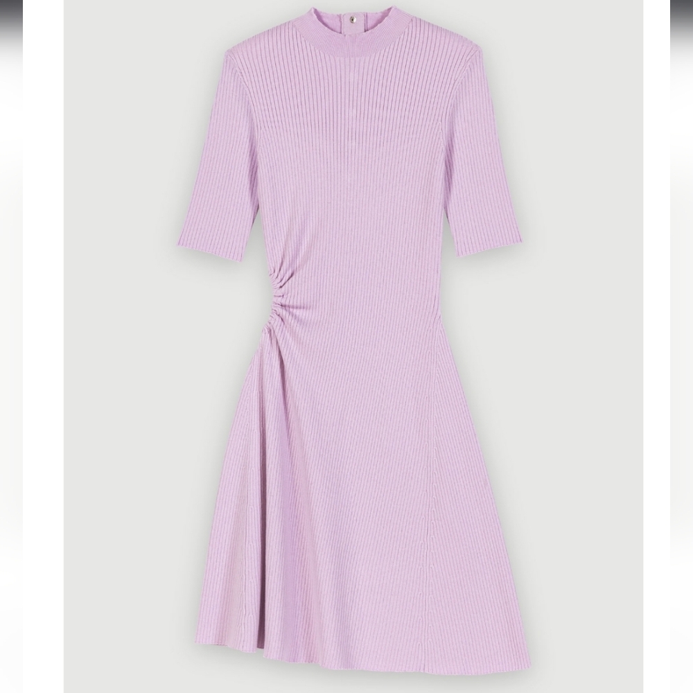 Maje Mauve Openwork Knit Wool Blwnd Fit And Flare Dress NWT